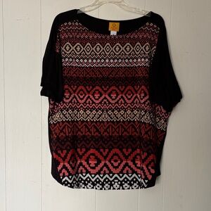 Ruby Rd. Black and Red Geometric Short Sleeve Top